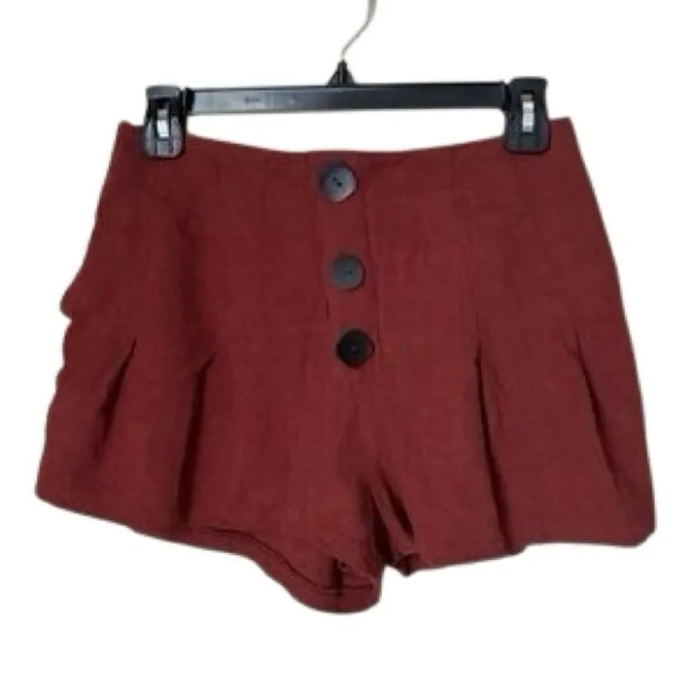 Vestique Women's Button Front Pleated High Rise Linen Shorts in Rust Size Medium - Picture 1 of 6